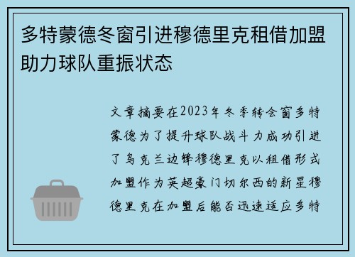 多特蒙德冬窗引进穆德里克租借加盟助力球队重振状态 多特蒙德冬窗引进穆德里克租借加盟助力球队重振状态